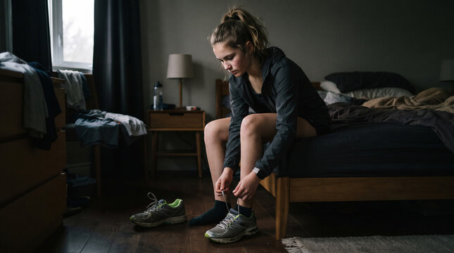 Young woman tying running shoes in bedroom before morning workout