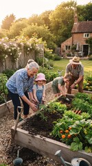 Obraz premium Grandparents and grandchildren gardening together in a sunny backyard