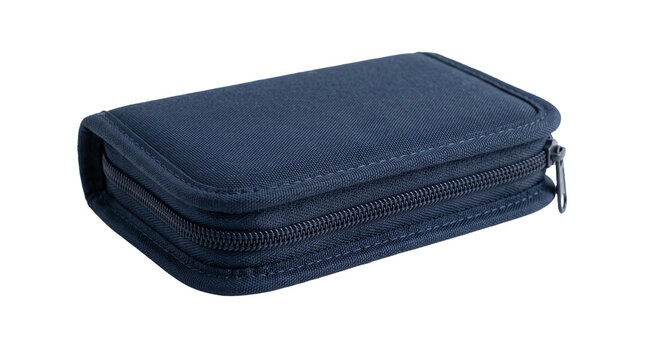 Closed dark blue fabric zippered case for storage or travel PNG Isolated on transparent background