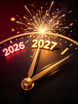 Close-up 3D render of a luxury black clock counting down from 2026 to golden 2027 at midnight, with sparkling fireworks and confetti celebration.
