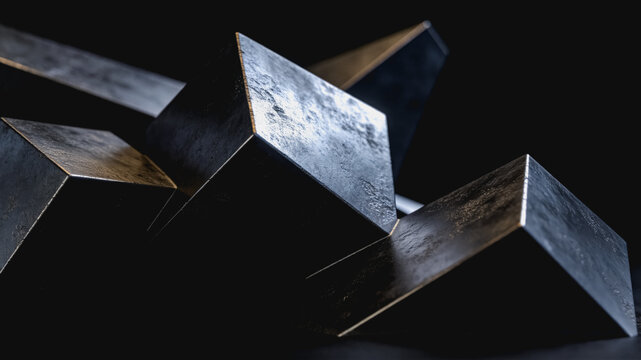 Close-up of stacked dark metallic cuboid blocks arranged in an abstract composition against a dark studio background, highlighting surface texture and sharp edges.