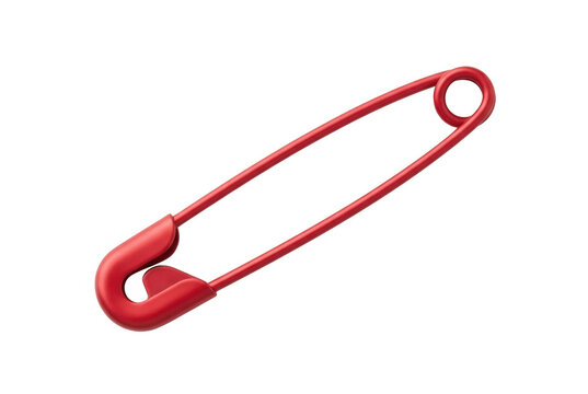 Eine einzelne rote Sicherheitsnadel isoliert auf wei&szlig;em Hintergrund, ein klassisches Utensil zum N&auml;hen, Befestigen von Stoffen oder als modisches Accessoire f&uuml;r kreative Projekte.