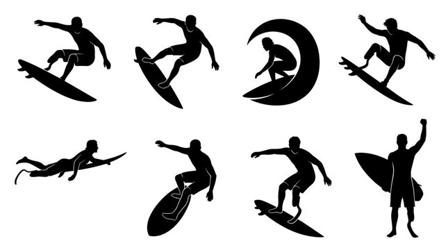 Set of black surfer silhouettes in various poses, dynamic wave riding, extreme sports, water activity, summer vacation, isolated vector icons