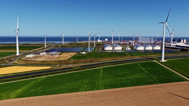 Aerial view of Eemshaven Industrial Energy Complex featuring wind turbines, solar arrays, and storage tanks set against a coastal landscape in Eemshaven, Groningen, Netherlands.