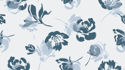 Obraz premium Floral seamless pattern features blue peony and magnolia flowers silhouettes on a light beige background. The flowers have a painterly, slightly abstract quality