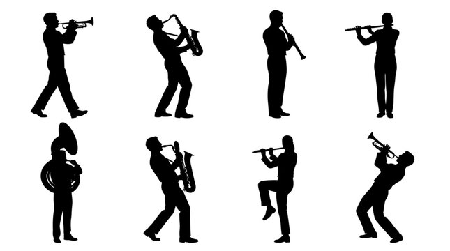 Set of silhouettes of marching band musicians playing instruments, brass and woodwind ensemble performance, music parade entertainment, festival
