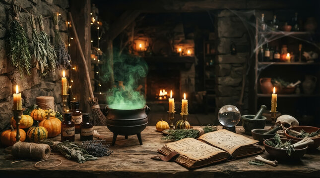 Witch cauldron with green magic smoke on a wooden table with spellbook and candles