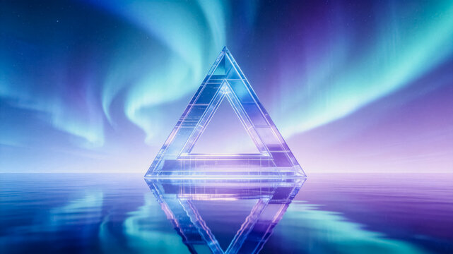 A transparent geometric triangle structure reflects on calm water, with aurora borealis in the soft gradient sky, creating an ethereal surreal scene.