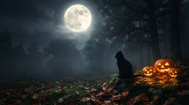 Black cat sitting with glowing jack-o-lanterns under a full moon in a spooky forest at night.