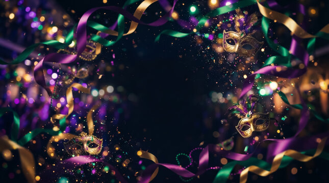 Mardi Gras carnival background with festive masks and ribbons on a dark blurred backdrop