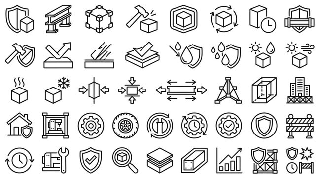 Material resistance durability and industrial testing icon set line art vector illustration
