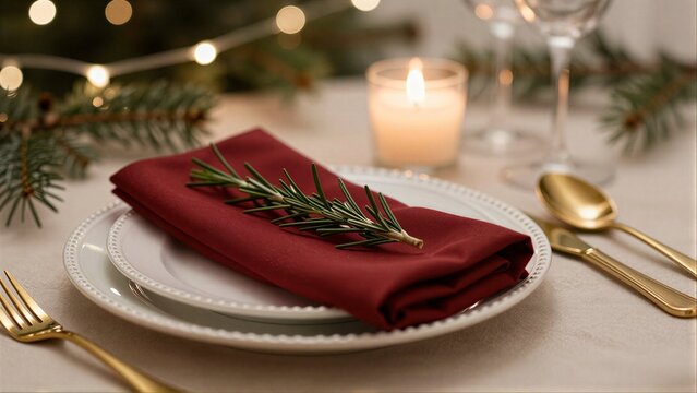 Cozy Christmas table setting with candle, rosemary, gold cutlery and festive lights.