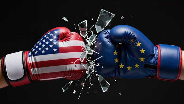 Two boxing gloves clash, symbolizing U.S. and EU rivalry with shattered glass effect.