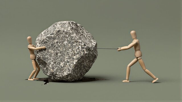 Two wooden figures pull a massive rock together, symbolizing teamwork and perseverance.