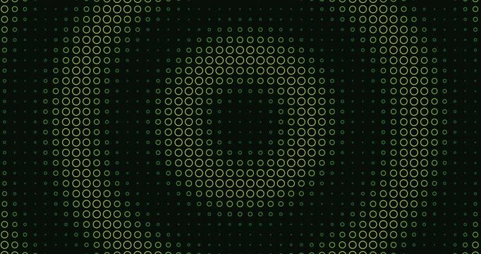 Abstract dark green background with halftone dot grid pattern forming glowing circular rings and pulsating texture