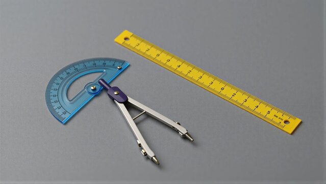 Yellow ruler, blue protractor, and silver compass on gray surface.