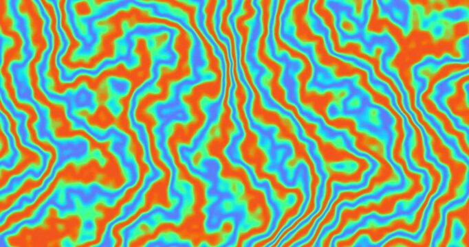 Abstract neon marble texture with wavy orange, blue, and green contour lines flowing smoothly