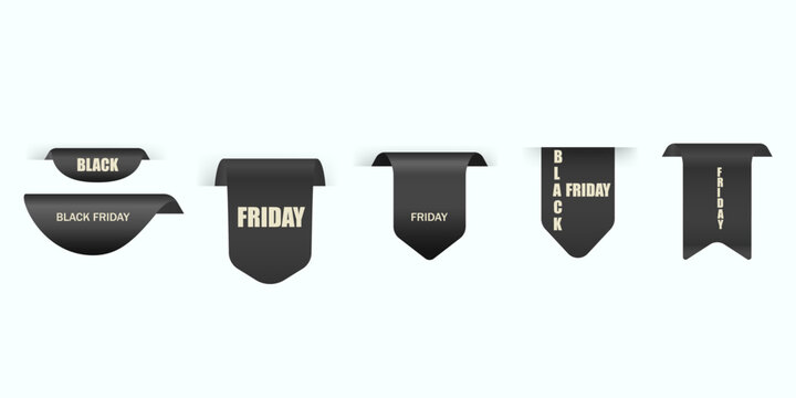 Black Friday set Black Curled Sticker with White Text Isolated on White Background