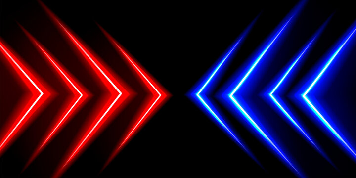 Blue and Red Glowing Halftone Arrows Pointing Toward Each Other on Dark Background.