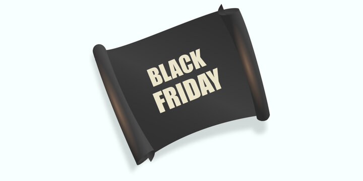 Black Friday Black Curled Sticker with White Text Isolated on White Background.