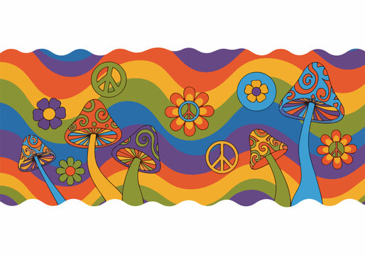 Psychedelic Mushrooms and Flowers on Wavy Background