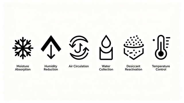 Moisture proof equipment function icon, representing moisture absorption cycle and temperature sensing regulation, suitable for home appliance manuals and product website icon materials.
