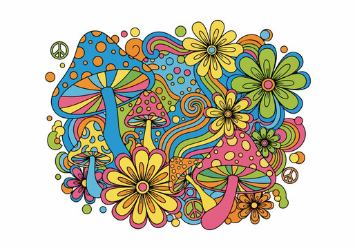 Colorful Psychedelic Mushrooms and Flowers Pattern