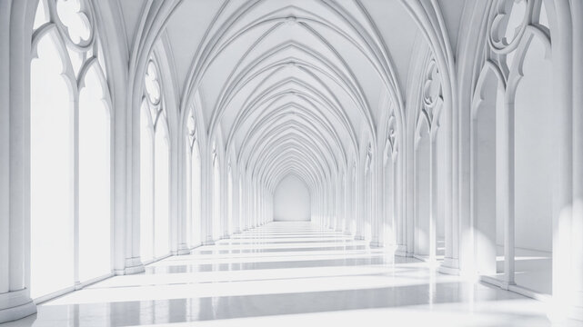 A symmetrical, empty gothic interior corridor with repeating pointed arches and columns, bathed in soft light.