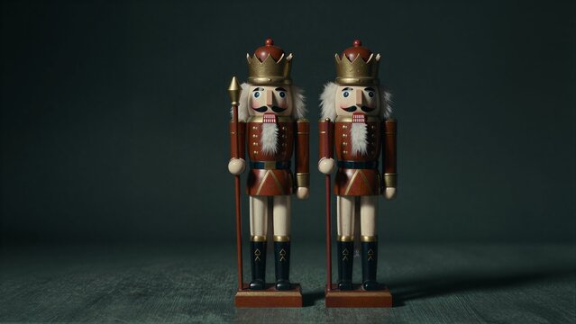 Two wooden nutcracker soldiers stand side by side, dressed in regal armor.