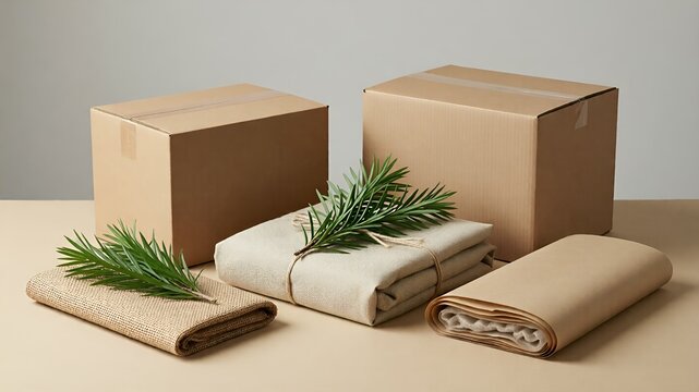 Unbranded cardboard boxes with reusable fabric wraps and evergreen branches
