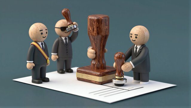 Wooden figurines solemnly witness a ceremonial stamping of official documents.