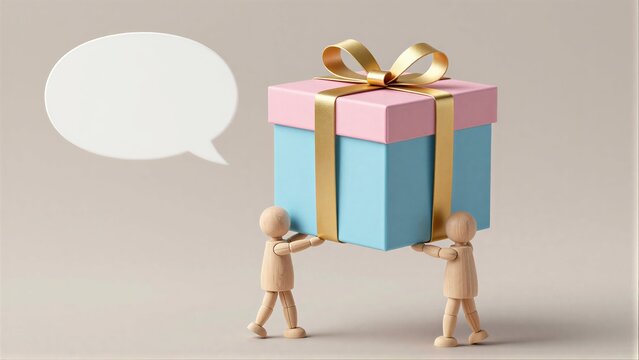 Two wooden figures carry a large pink and blue gift box with gold ribbon.