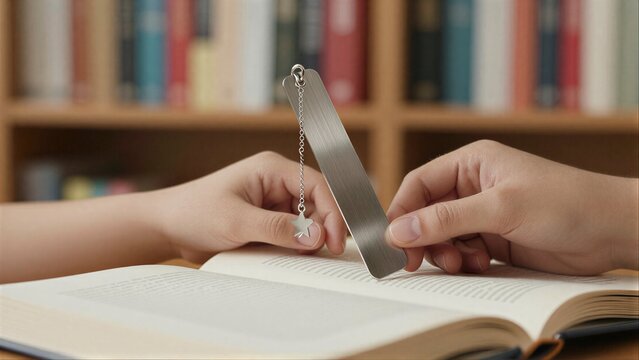 Hand holds metallic star bookmark above open book in library setting.