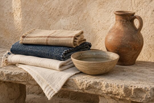 Stacked woven textiles in neutral tones alongside a rustic clay jug and shallow bowl on a stone bench against a textured wall in a natural setting