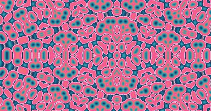 Abstract kaleidoscope pattern with coral pink rings and teal blue circular blobs on dark background