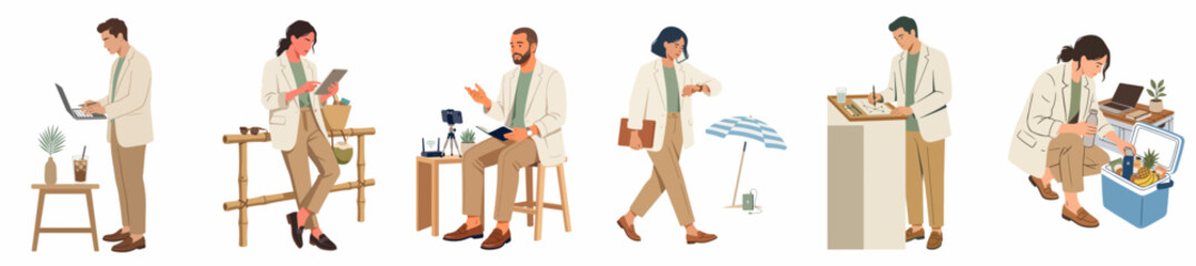 Fototapeta premium Flat Vector Illustrations of Diverse Professionals Working Remotely, Digital Nomad Lifestyle Activities, Business People in Casual Attire Using Laptops, Tablets, and Relaxing Outdoors