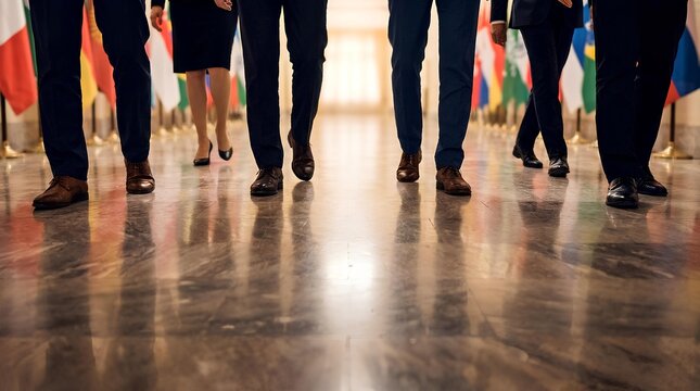 Business people feet walking on polished corporate floor.