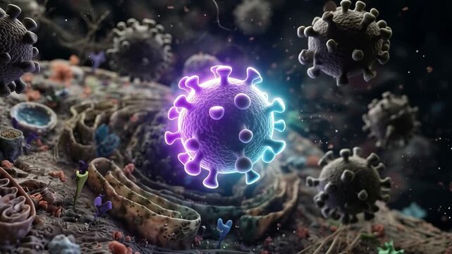 A neon-outlined virus particle glows brightly at the center of a dark microscopic landscape filled with other viral entities.