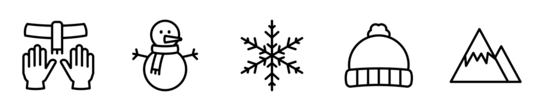 Pack de iconos de nieve e invierno. Copo de nieve, mu&ntilde;eco de nieve, bufanda y guantes, gorro de lana y monta&ntilde;a nevada. Vector outline