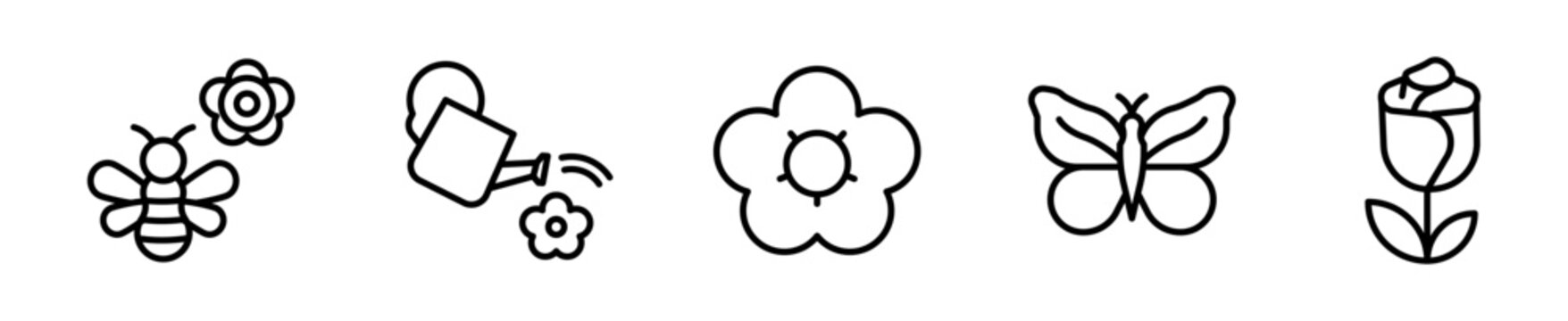 Pack de iconos de primavera flores. Flor, mariposa, abejita y regadera. Vector outline