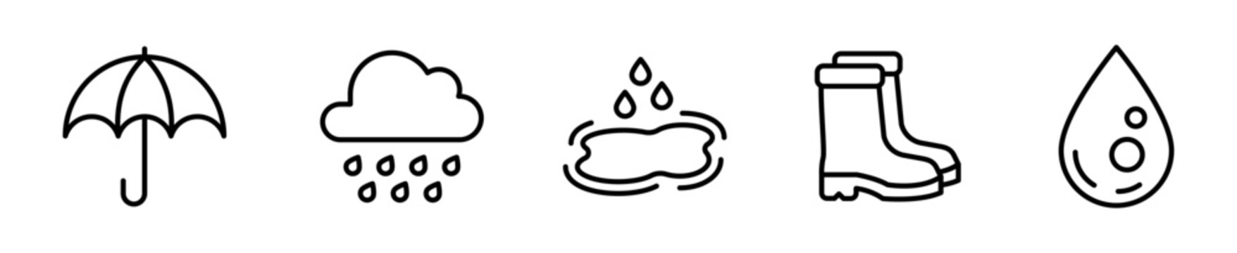 Pack de iconos de lluvia y paraguas. Paraguas, gota de lluvia, botas de lluvia, nube lloviendo y charco. Vector outline
