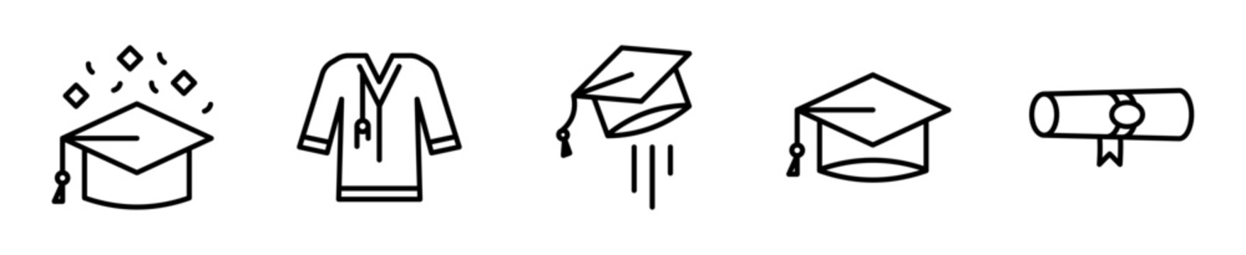 Set de iconos de graduaci&oacute;n fiesta. Birrete, diploma, birrete lanzado, toga y confeti graduaci&oacute;n. Vector outline