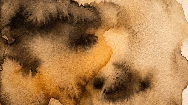 Abstract watercolor texture in earth tones, brown and black ink wash on paper, artistic paint splash background for design