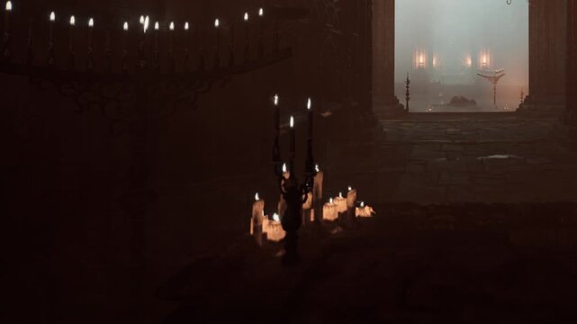 Candles are lit on a table in a dark room. Shadows stretch across ancient stone walls. A faint light comes from an unseen source. The atmosphere feels heavy and thick.