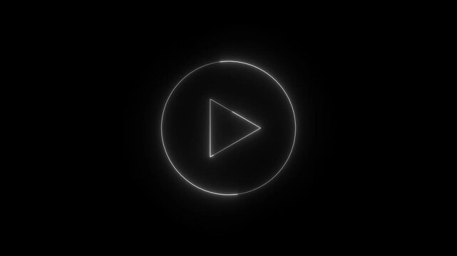 Minimalist white neon play icon appearing on black background as thin glowing lines assemble into circular media button.