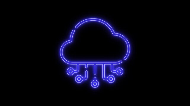 Neon blue cloud computing technology icon flashing on black background representing global network storage and services.