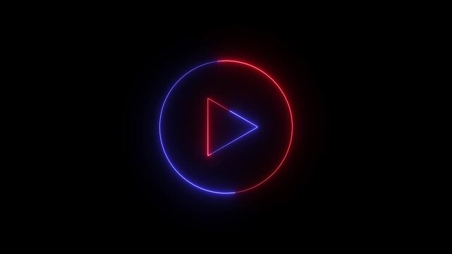 Neon play button sign flickering with blue and red light motion effects isolated against dark black background video clip.