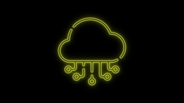 Digital cloud computing icon with connected circuits glowing yellow on black background technology concept motion graphic.