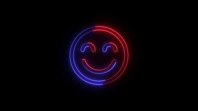 Neon glowing happy emoji face pulsing with light cycles on dark background showcasing digital satisfaction symbol animation.