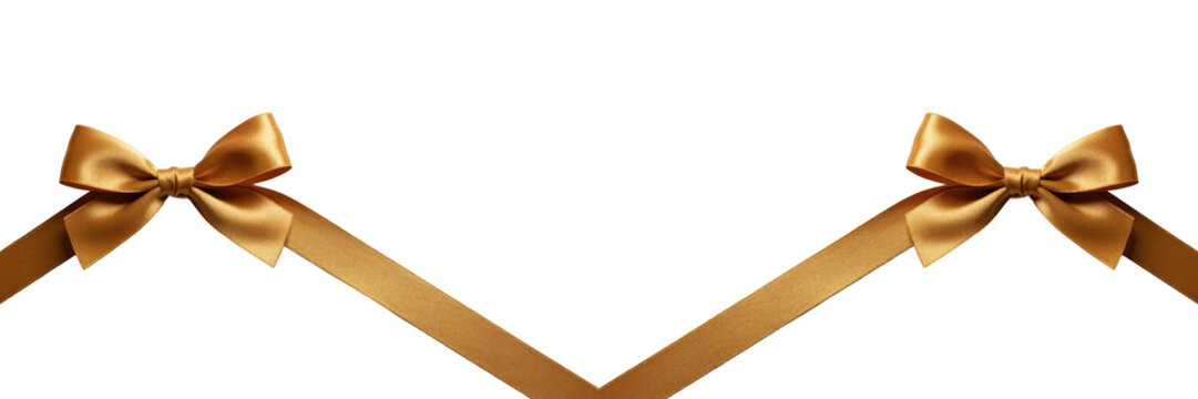 Two golden satin ribbons tied in bows on a plain white surface for gift wrapping or decorative border accents isolated on a transparent background